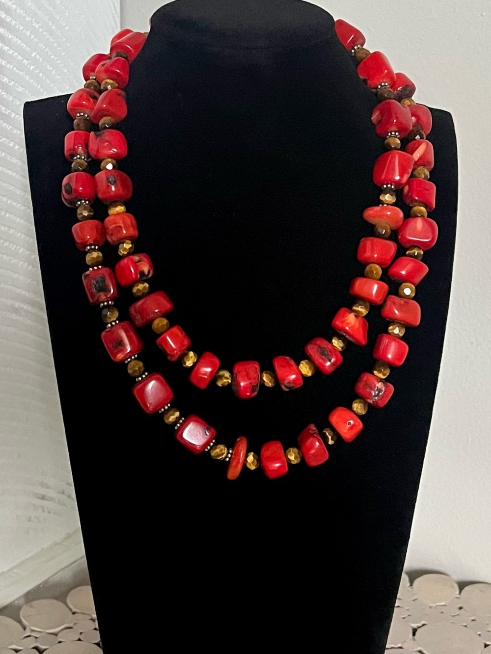 Vintage Large chunky red coral beads amber & silver toned spacers 36”